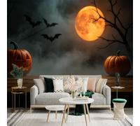 Adhesivo mural de pared de tamaño personalizado, luna llena con murciélagos, calabazas talladas y bosque oscuro, para decoración de pared, calcomanías de pared