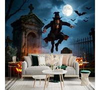Adhesivo mural de pared de tamaño personalizado, mago misterioso en cementerio, luna llena y linternas brillantes de Jacko, murciélagos voladores por la noche, para decoración de pared, calcomanías de