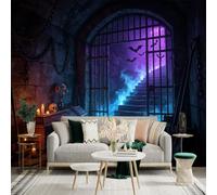 Adhesivo mural de pared de tamaño personalizado, mazmorra misteriosa con ataúd, murciélagos y niebla brillante, ambiente de cámara de piedra, para decoración de pared, calcomanías de pared de palo.