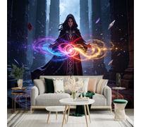 Adhesivo mural de pared de tamaño personalizado, misteriosa hechicera oscura, orbes de energía mágica brillante, ajuste de templo de piedra antigua, para decoración de pared, calcomanías de pared de