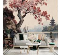 Adhesivo mural de pared de tamaño personalizado, pagoda japonesa con cerezo en flor y pez koi junto al lago, para decoración de pared, calcomanías de pared