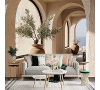 Adhesivo mural de pared de tamaño personalizado, pasillo de arco mediterráneo con jarrón de arcilla y olivo, vista al mar y luz solar, para decoración de pared, calcomanías de pared de palo.