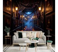 Adhesivo mural de pared de tamaño personalizado, pasillo espeluznante con linternas brillantes de Jacko, retratos misteriosos y telarañas, para decoración de pared, calcomanías de pared