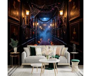 Adhesivo mural de pared de tamaño personalizado, pasillo espeluznante con linternas brillantes de Jacko, retratos misteriosos y telarañas, para decoración de pared, calcomanías de pared