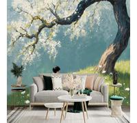 Adhesivo mural de pared de tamaño personalizado, picnic tranquilo bajo un árbol floreciente con flores de primavera y luz suave, para decoración de pared, calcomanías de pared