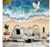 Adhesivo mural de pared de tamaño personalizado, playa tropical con formas de corazón en arena, gaviota volando sobre olas azules del océano, conchas marinas y estrellas de mar, para decoración de