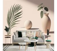 Adhesivo mural de pared de tamaño personalizado, podio beige minimalista con hoja tropical, jarrón de cerámica y esfera de piedra, para decoración de pared, calcomanías de pared de palo.