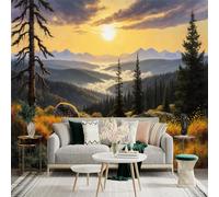 Adhesivo mural de pared de tamaño personalizado, puesta de sol dorada sobre valle de montaña, paisaje de bosque de pinos, colinas cubiertas de niebla, arte de paisaje natural, para decoración de pared