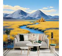 Adhesivo mural de pared de tamaño personalizado, río sinuoso a través de prado dorado, majestuosas montañas nevadas, paisaje natural sereno, para decoración de pared, calcomanías de pared de palo.
