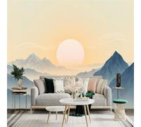Adhesivo mural de pared de tamaño personalizado, sol matutino minimalista sobre montañas de niebla, paisaje abstracto suave de amanecer dorado, para decoración de pared, calcomanías de pared de palo.
