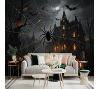 Adhesivo mural de pared de tamaño personalizado, telaraña gigante, mansión embrujada, escena nocturna espeluznante, linternas Jack O, para decoración de pared, calcomanías de pared
