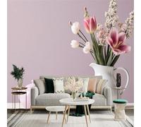 Adhesivo mural de pared de tamaño personalizado, tulipanes rosas y flores blancas en jarra, elegante naturaleza muerta floral con tetera, para decoración de pared, calcomanías de pared de palo.