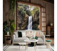 Adhesivo mural de pared de tamaño personalizado, vista de cascada a través de ventana de madera con bosque tropical y lago turquesa, para decoración de pared, calcomanías de pared de palo.
