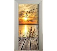 Adhesivo para puerta autoadhesivo 3D con puesta de sol y amanecer, paisaje, papel pintado de PVC, resistente al agua, imágenes de pared extraíbles para dormitorio o salón (77 x 200 cm)