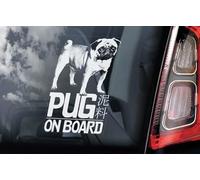 Adhesivo para ventana de coche, diseño de perro carlino a bordo, color blanco, impresión inversa para aplicación interna, 160 x 100 mm