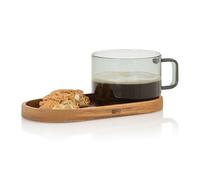 AdHoc Taza de café Impact con posavasos de madera de acacia, 300 ml, taza para té, latte, capuchino con asa, vidrio de borosilicato resistente al calor, amplio espacio para posavasos