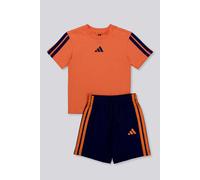 adidas Unisex - Bambini e ragazzi ESSENTIALS SMALL LOGO STRIPES T-SHIRT SET, Dusky Orange/dark blue, 7-8 Years