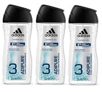 Adidas ADIPURE Gel de ducha 3 en 1 para hombre, cuerpo y rostro, 3 unidades, 250 ml cada una, % jabón, colorantes