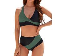 Adigaber Femme Maillots de Bain Top croisé Deux Pièces Push-up Ensembles Deux pièces de Colorblocked Taille Haute Bikini Set Col V, Army Green, XL