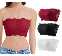 Adigau Sujetador bandeau de encaje floral para mujer, tirantes transparentes desmontables, ligeramente acolchado, parte superior de tubo, sin aros, 3 piezas, negro, blanco y rojo, XXL
