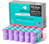 Adios - Bolsas compostables para excrementos de perro, 360 unidades (24 rollos), colores arcoíris, extra gruesas, a prueba de fugas, a prueba de olores, hechas de almidón de maíz compostable, rollos