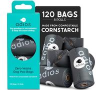 Adios Plastic Bolsas compostables certificadas para caca de perro, bolsas de caca de lujo extra gruesas para perros, 8 rollos, 120 bolsas de basura para perros sin perfume