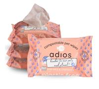 Adios - Toallitas compostables de aseo para perros, 100 unidades (4 x 25) - Toallitas para mascotas a base de plantas con aloe vera y manzanilla - hipoalergénicas, sin plástico, compostables