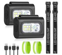 Adiwo Luz para Correr, 2 Piezas Linterna Frontal Portátil, LED con Clip Luz Viene con Correa para Faro y Correa Reflectante para el Brazo, 6 Modos de Iluminación Impermeable Linterna, USB Recargable