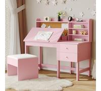 Adjustable Tilt Kids Desk and Chair Set - Wooden Study Table with Storage Drawers, Cork Board & Hutch, Padded Stool - Great for Boys & Girls Ages 3-8 - Bedroom or Study - Pink