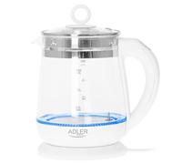 Adler AD 1299 Hervidor de Agua Eléctrico de Cristal 1,5 Litros,Infusor,Vidrio sin BPA,Retroiluminado,Regulador Temperatura 60 a 100 gradosC, Apagado Automático, Inalámbrico 360grados sin Cable, 2200W