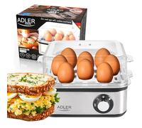 Adler AD-4486 Cuece Eléctrico para 8 Huevos,Acero Inoxidable, Ajuste de Cocción, Protección por sobre Calentamiento, 800W, Libre de BPA, Metal