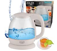 Adler AD1283C Hervidor de Agua Eléctrico de Cristal 1 Litro, Vidrio sin BPA, Retroiluminado, Apagado Automático, Inalámbrico 360º sin Cable, 1100W