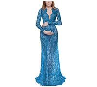 ADMAY Fotografía de maternidad de manga larga V Evening sexy mujeres encaje moda ropa embarazada vestido maxi cuello mujer vestido de punto corto, azul claro, M-36/38/40