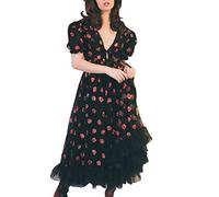 Admay Vestidos para mujer, vestido bohemio, elegante, verano, sexy, playa, para mujer Strawberry SequinsEmbroidery Mesh Round Neck Tunic Party Dress Falda trapecio fluido, Le Noir, L