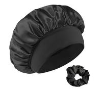 Admygo - Gorro de Raso para el Cabello, para Noche, con elásticos, Gorro de Raso para Dormir, protección para el Cabello, Suave Gorro de Seda para la Noche, Color Negro, Negro