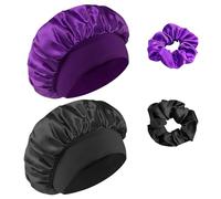 Admygo - Gorro de Seda para Dormir con Banda Ancha Elástica, Gorro Saten para Dormir, protección para el Cabello,Adecuado para Mujeres, niñas, Negro + Morado
