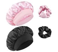 Admygo - Gorro de Seda para Dormir con Banda Ancha Elástica, Gorro Saten para Dormir, protección para el Cabello,Adecuado para Mujeres, niñas, Negro + Rosa