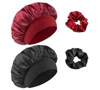 Admygo - Gorro de Seda para Dormir con Banda Ancha Elástica, Gorro Saten para Dormir, protección para el Cabello,Adecuado para Mujeres, niñas, Negro + Rojo Vino