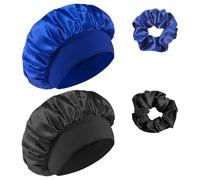 Admygo - Gorro de Seda para Dormir con Banda Ancha Elástica, Gorro Saten para Dormir, protección para el Cabello,Adecuado para Mujeres, niñas, Negro + Azul Royal