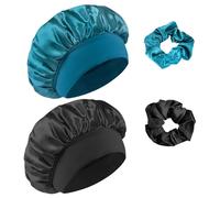 Admygo - Gorro de Seda para Dormir con Banda Ancha Elástica, Gorro Saten para Dormir, protección para el Cabello,Adecuado para Mujeres, niñas, Negro + Azul Pavo