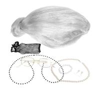 ADOCARN 1 juego de peluca para disfraz de anciana: peluca gris plateada y accesorios para disfraz de abuela, collar, cadena y gorra para Halloween, fiestas de disfraces, juegos de rol y celebraciones