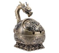 ADOCARN Cenicero Diseño de Dragón Tallado Vintage Decorativo de Metal con Tapa a Prueba de Viento para de Interiores y Oficina