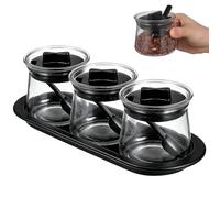 ADOCARN Conjunto de 3 Botes de Especias para Cocina de Vidrio de Soda y Pp con Tapa Transparente, Cucharas y Bandeja para Almacenamiento Práctico