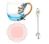 ADOCARN Juego de 1 Taza de Té de Vidrio con Decoración Esmaltada y Cuchara de Aleación para Fiesta y Boda, Taza Artesanal para Beber con Diseño Floral Varios estilos