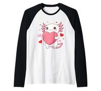 Adorable ajolote Kawaii sosteniendo un Gran corazón Rosa Camiseta Manga Raglan