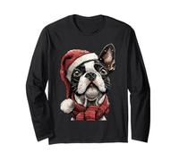 Adorable Boston Terrier con Gorro de Papá Noel para Invierno Manga Larga