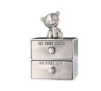 Adorable caja de recuerdos para bebé, soporte para recuerdos de primer diente y rizo con oso de peluche, 2 cajones, aleación de zinc plateada, regalo para recién nacidos y niñas