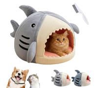 Adorable cama de invierno cálida y suave con boca de tiburón para gatos, alfombrilla para gatos en forma de tiburón, cama para gatitos, monstruo acogedor (gris, L)