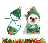 Adorable Christmas Tree Pom-Pom Hat, Christmas Dog Hats, Funny Soft Pet Hats for Dogs, Christmas Tree Pom-Pom Hat & Bandana for Pets Dog Cat Xmas Costume Set with Scarf Bib (Green,Small)