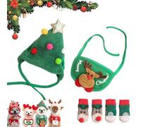 Adorable Christmas Tree Pom-Pom Hat for Small Dogs(Free Cute Pet Socks), New Adjustable Christmas Sets, Christma Tree Hat for Pets, for Small Dogs Cats Pet Santa Gifts (A,S)